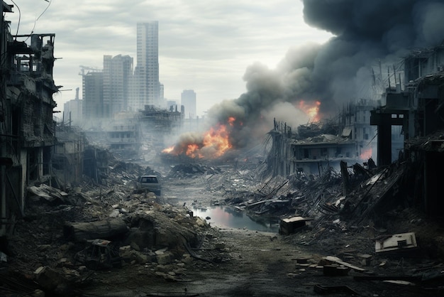 Detailed destruction of fictitious city with fires explosions debris and collapsing structures