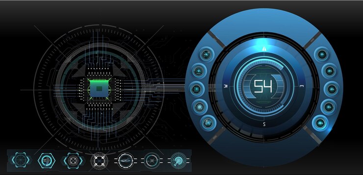 Vector a detailed digital interface displays complex data metrics and visual elements the design emphasizes a hightech aesthetic with glowing graphics and interactive features
