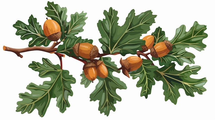 Vector detailed drawing of oak branch with acorns and leaves for nature designs