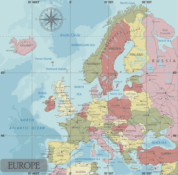 ベクトル メルカトル図法の詳細なヨーロッパの政治地図 明確にラベルが付けられている 分離されたレイヤー