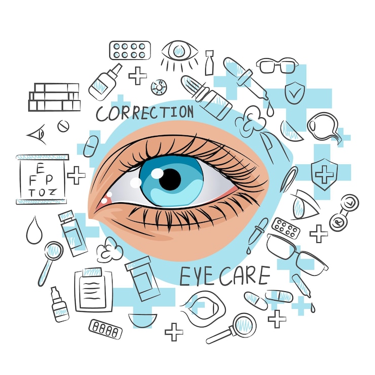 Vector a detailed eye surrounded by various eye care icons on a white background concept of vision health vector illustration vector illustration