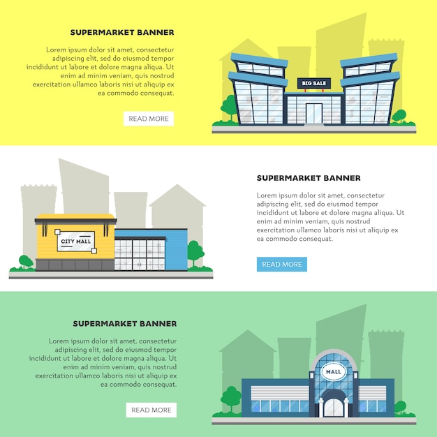 Подробные плоские баннеры супермаркета