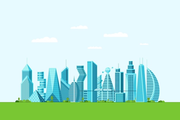 Detailed future eco city with different architecture buildings skyscrapers apartments and green trees. Futuristic multi-storey graphic cityscape town. Vector real estate construction eps illustration
