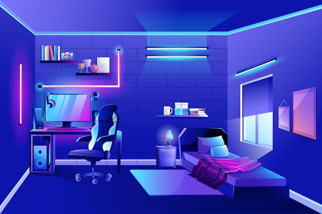 Vector detailed gamer room with neon lights