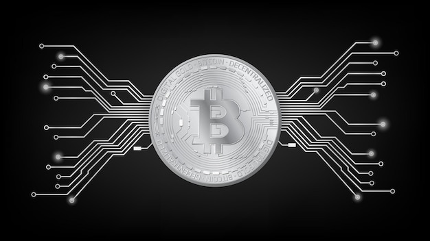 Detailed gold coin bitcoin btc token with pcb tracks in black and white on dark background. digital gold in techno style for website or banner. vector illustration.