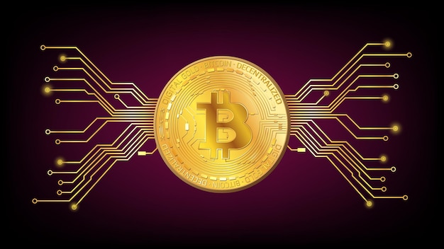 Детальная золотая монета Биткойн BTC токен с дорожками pcb на темно-красном фоне Цифровое золото в стиле техно для веб-сайта или баннера Векторная иллюстрация