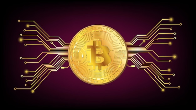 Vector detailed gold coin bitcoin btc token with pcb tracks on dark red background digital gold in techno style for website or banner vector illustration