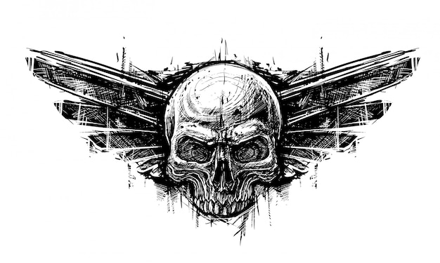 Detailed graphic hand drawn realistic black and white human skull with wings. Trash polka style