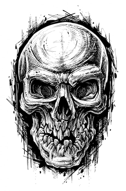 Detailed graphic human skull trash polka line art