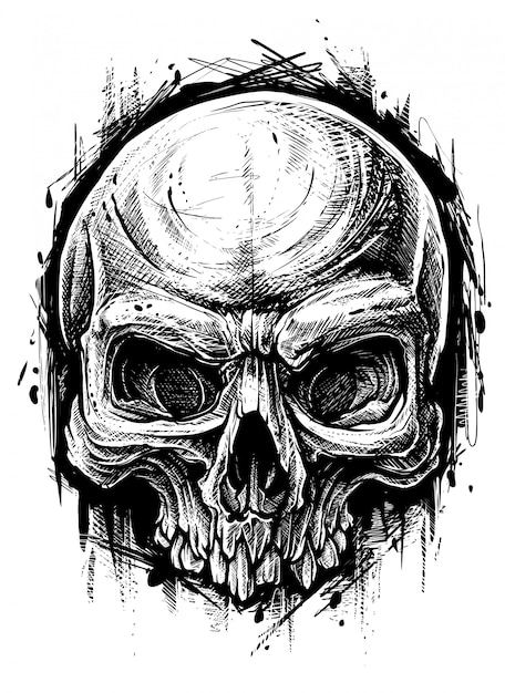 Vector detailed graphic human skull trash polka line art