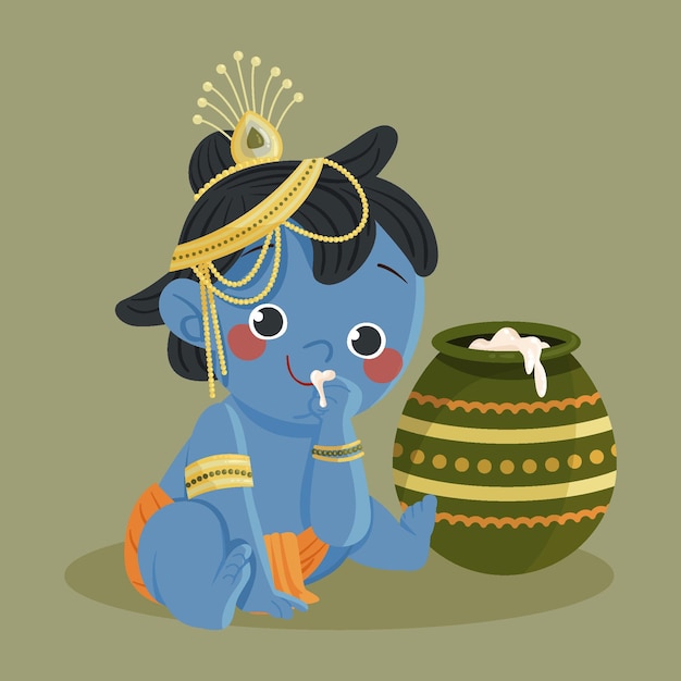 Detailed illustration of baby krishna eating butter