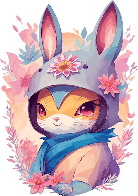 A detailed illustration face ninja bunny fire tshirt design