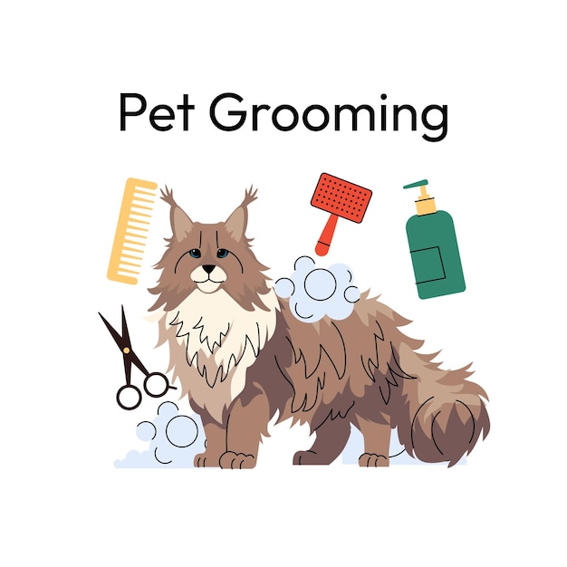 a detailed illustration of a fluffy maine coon cat surrounded by grooming tools including scissors a