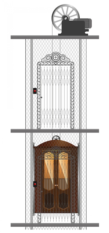  Detailed image of an old metal elevator in a residential building.
