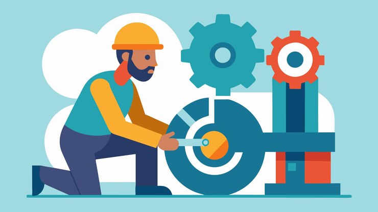 Vector a detailed image of a worker inspecting and repairing a piece of machinery showcasing the companys