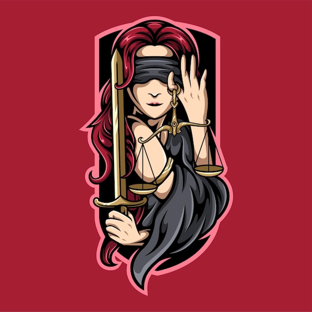 Подробная иллюстрация логотипа талисмана киберспорта Lady Justice Премиум векторы