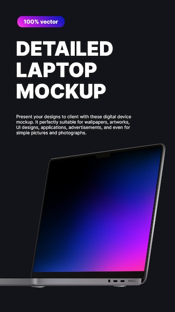 Dettagliato laptop mockup verticale banner design realistico schermo laterale vista su sfondo scuro illustrazione vettoriale