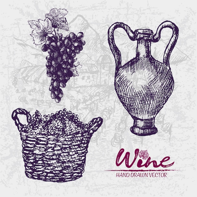 Detailed line art hand drawn purple grape basket illustration