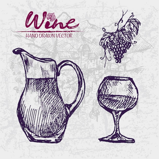 Illustrazione a mano dettagliata del barattolo di vino viola disegnata a mano di arte