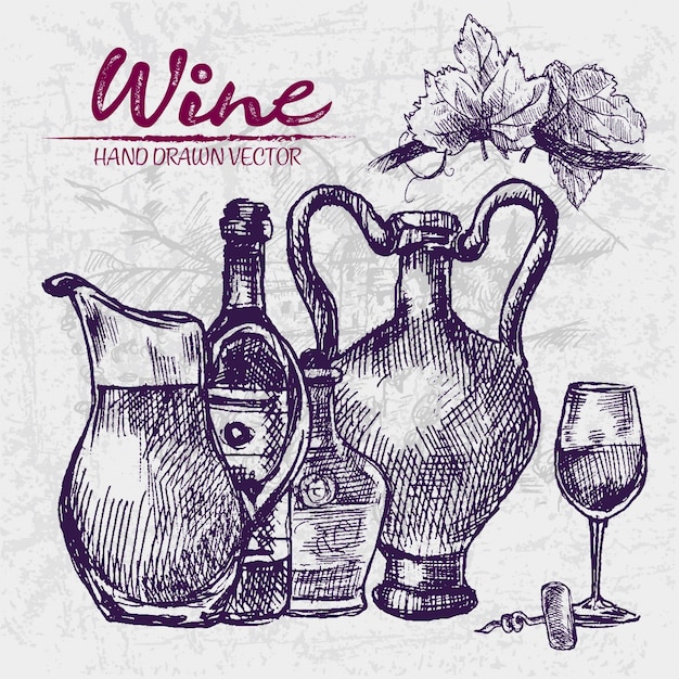 ベクトル 詳細なラインアート手描きの紫色のワインの瓶のイラスト