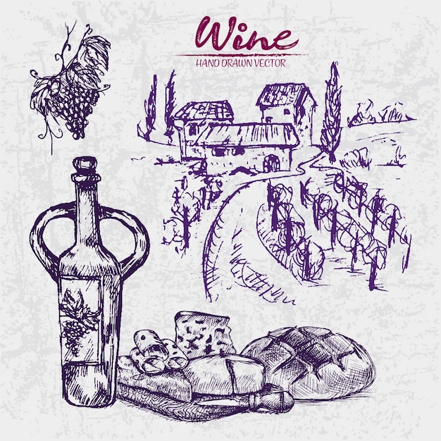 Detailed line art hand drawn purple winery illustration