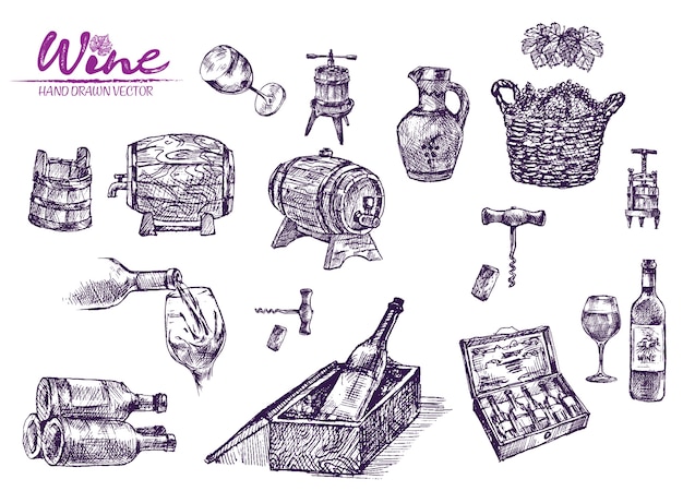 Detailed line art hand drawn purple winery illustration