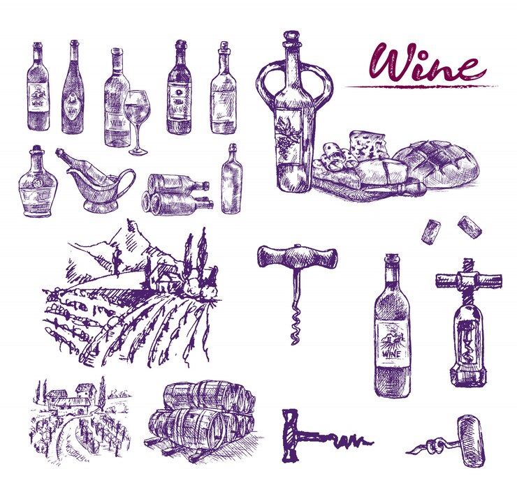 Vector detailed line art hand drawn purple winery illustration