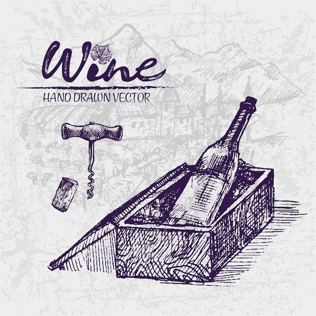 Detailed line art hand drawn wine bottle illustration