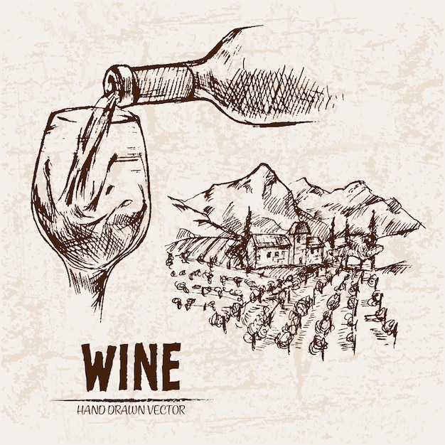 Vettore illustrazione disegnata a mano di vetro di vino di arte dettagliata linea