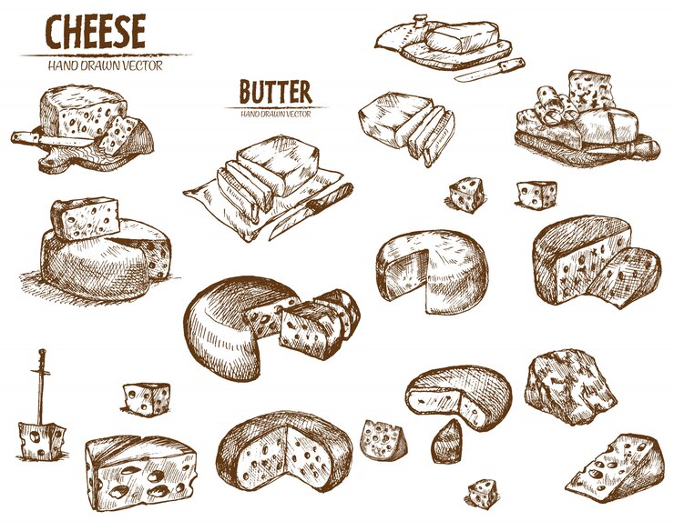 Vector detailed line art sliced cheese and butter collection