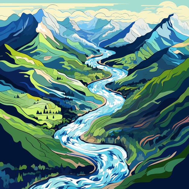 Вектор Детальные горы и река в середине