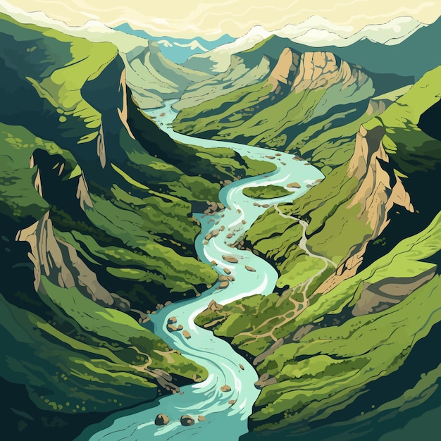 Vector detailed mountains and river in the middle