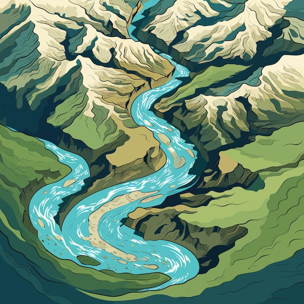 Detailed mountains and river in the middle