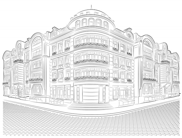 Vector detailed old buildings on the street corner vector drawing.