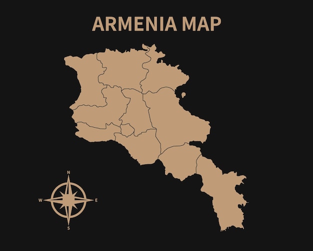 Detailed old vintage map of armenia with compass and region border isolated on dark background