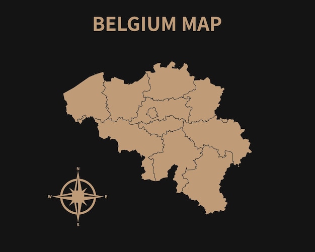 Vecchia mappa dettagliata vintage del belgio con bussola e confine regionale isolato su sfondo scuro