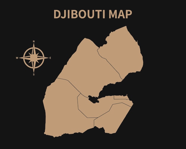 Detailed Old Vintage Map of Djibouti with compass and Region Border isolated on Dark background