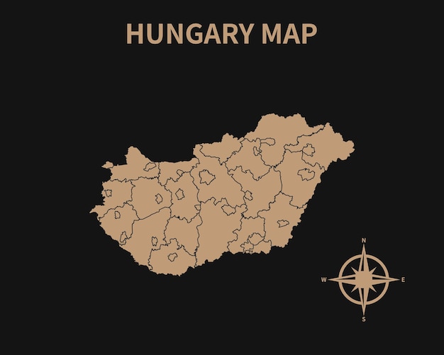 Detailed old vintage map of hungary with compass and region border isolated on dark background