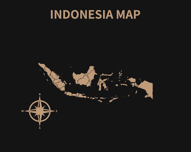 Vecchia mappa d'epoca dettagliata dell'indonesia con bussola e confine regionale isolato su sfondo scuro