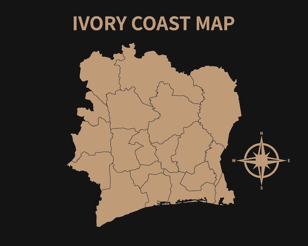 Detailed Old Vintage Map of Ivory Coast with compass and Region Border isolated on Dark background