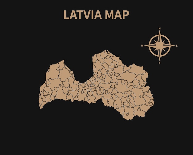 Detailed Old Vintage Map of Latvia with compass and Region Border isolated on Dark background