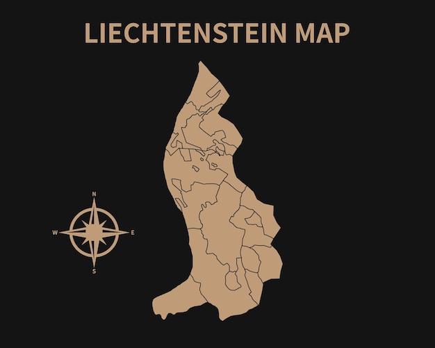 Vector detailed old vintage map of liechtenstein with compass and region border isolated on dark background