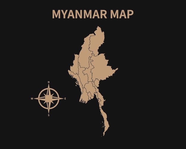 Vecchia mappa d'epoca dettagliata del myanmar con bussola e confine regionale isolato su sfondo scuro