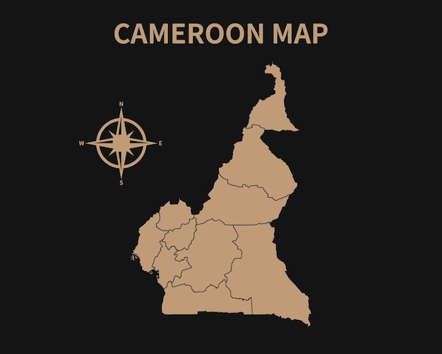 暗い背景で隔離のコンパスと地域の境界線とカメルーンの詳細な古いヴィンテージ地図