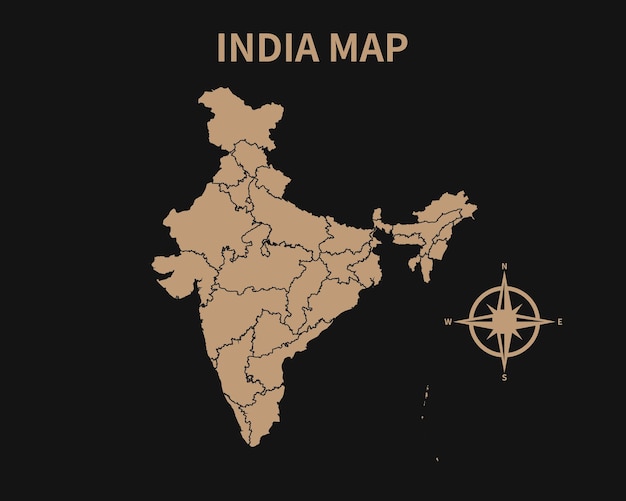 Подробная старая винтажная карта индии с компасом и границей региона, изолированные на темном фоне
