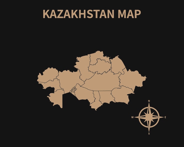 暗い背景で隔離コンパスと地域の境界線とカザフスタンの詳細な古いヴィンテージ地図