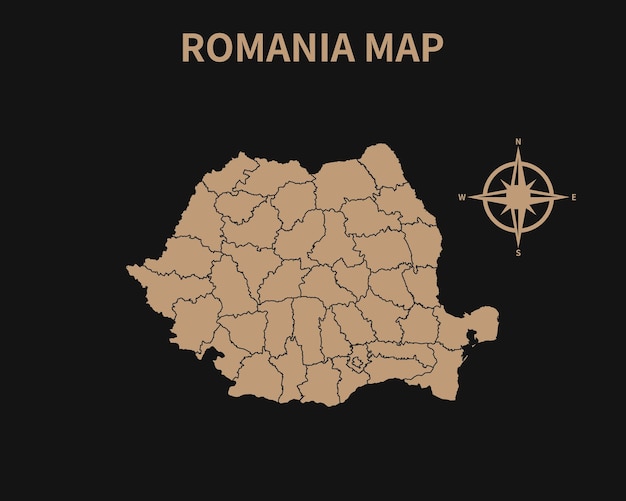 暗い背景で隔離コンパスと地域の境界線とルーマニアの詳細な古いヴィンテージ地図