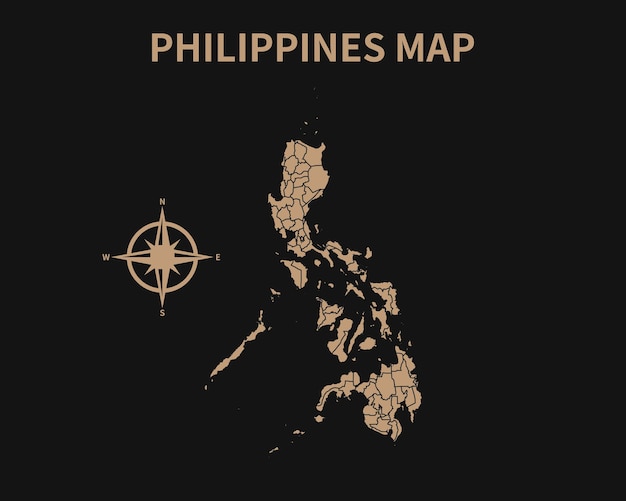 Detailed Old Vintage Map of Philippines with compass and Region Border isolated on Dark background