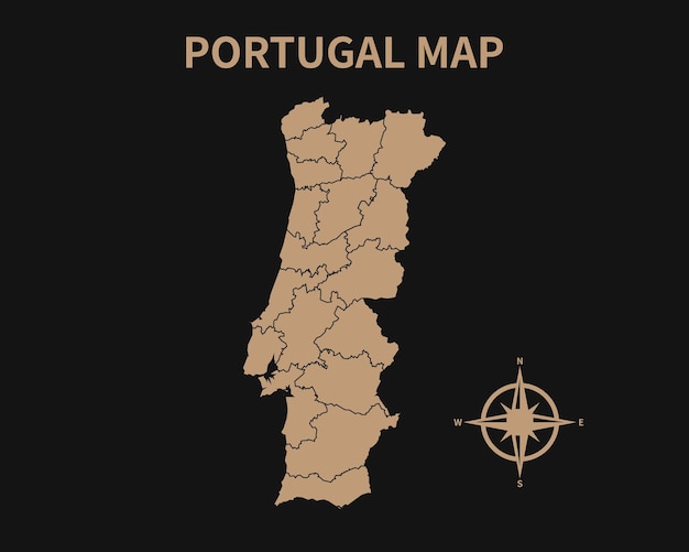 Vector detailed old vintage map of portugal with compass and region border isolated on dark background