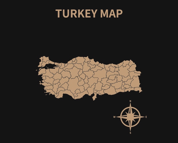 Подробная старая винтажная карта Турции с компасом и границей региона, изолированные на темном фоне